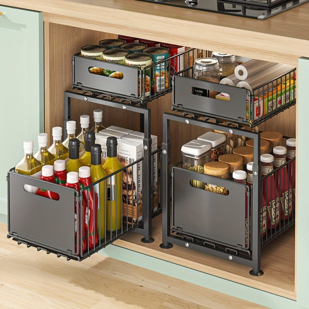Under Sink Organizer 2-Tier Pull Out - Adjustable Height Carbon Steel Cabinet Storage Shelf for Kitchen and Bathroom, Space Saving Sliding Drawer Rack for Cleaning Supplies Pots and Toiletries, Heavy Duty Under Cabinet Organizer Available in 1 or 2 Pack