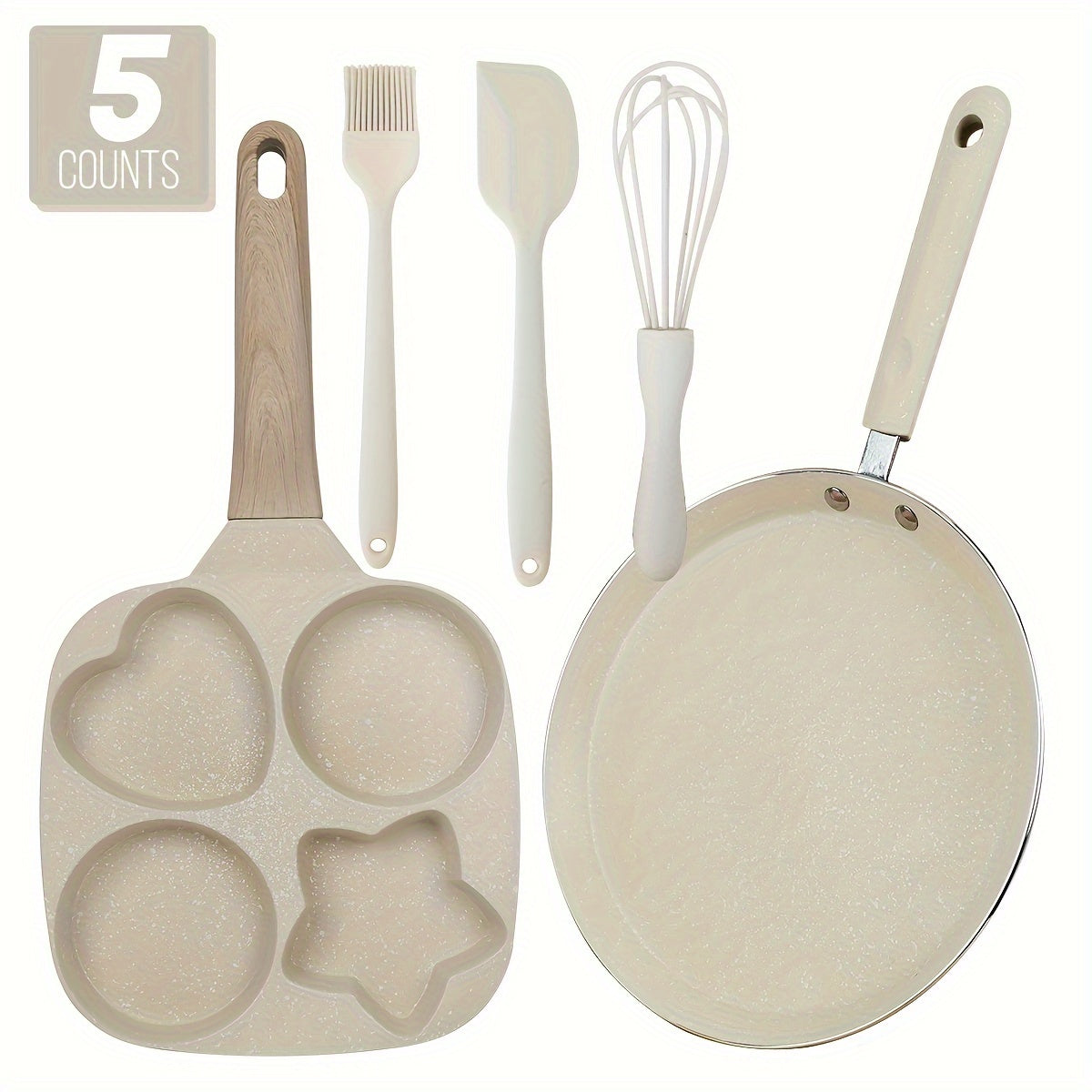 Non-Stick Cookware Set 5-Piece Beige ¨C Pumice Stone Coating Egg Frying Pan Pancake Skillet with Kitchen Utensils | Aluminum Induction Compatible Home Cooking Set for Eggs Pancakes & Breakfast