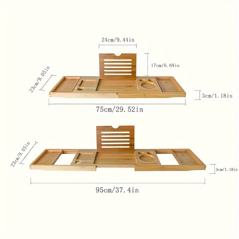 Bamboo Bath Caddy Tray with Adjustable Reading Rack - Expandable Bathtub Tray, Water-Resistant, Space-Saving Bathtub Organizer for Books, Tablets & Bath Essentials