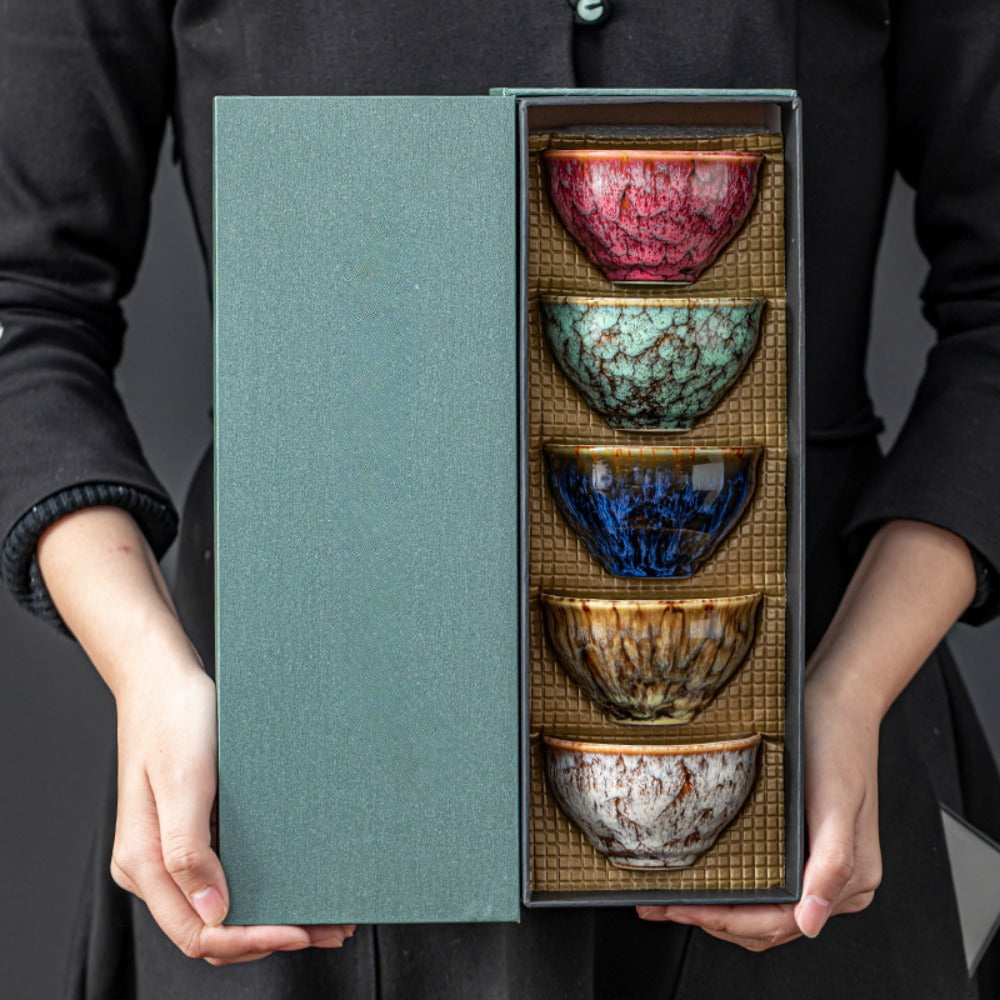 Jianzhan Ceramic Tea Cups Set of 5 ¨C Handmade Kiln-Changed Glazed Kung Fu Teacups, Traditional Chinese Porcelain, Unique Gift for Home Office Business