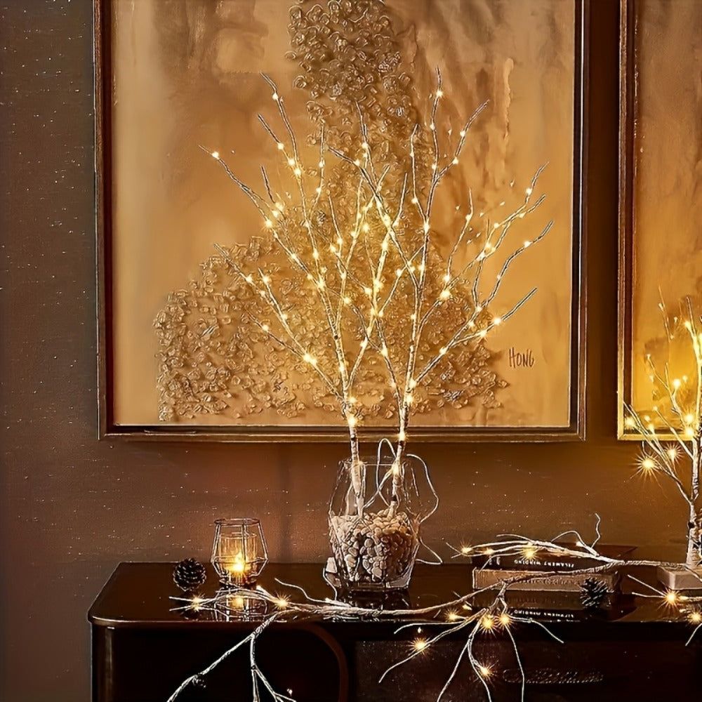 Birch Branch Lights Set of 2, Artificial Luminous Birch Tree Branches with Green Leaves & LED Fairy Lights ¡ª Battery Powered Indoor Decor for Christmas, New Year, Home & Reading Nook