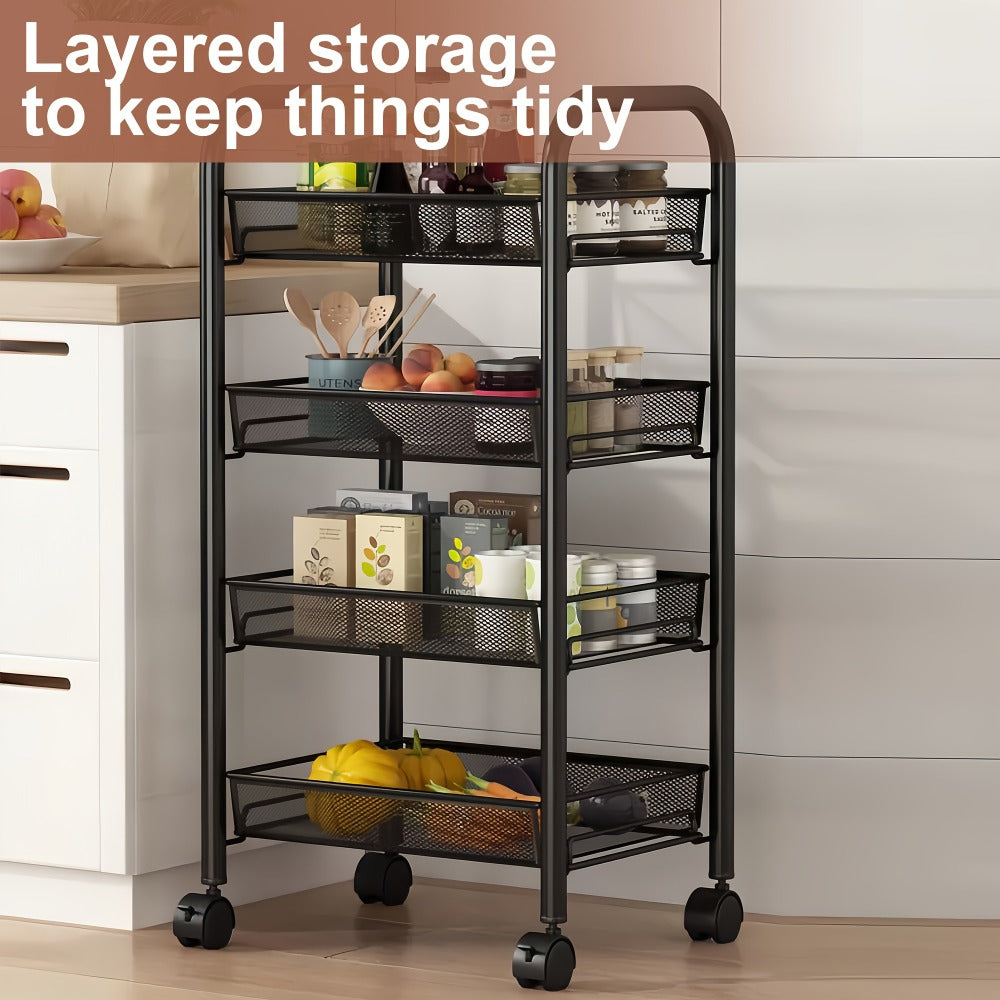 Rolling Storage Cart on Wheels ¨C 3/4/5 Tier Carbon Steel Wire Basket Trolley, Black Metal Utility Cart for Kitchen, Bathroom, Bedroom, Office & Living Room, Space-Saving Detachable Shelving Unit