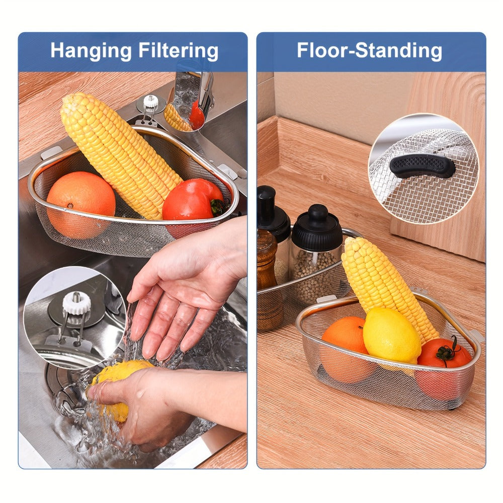 Stainless Steel Sink Strainer Basket 304 Grade Triangular Space-Saving Design ¨C Dual-Use Stand & Hang, Mesh Filter for Food Waste & Clog Prevention, Kitchen & RV Drain Basket 8.6¡Á6.1¡Á3.1 Inch