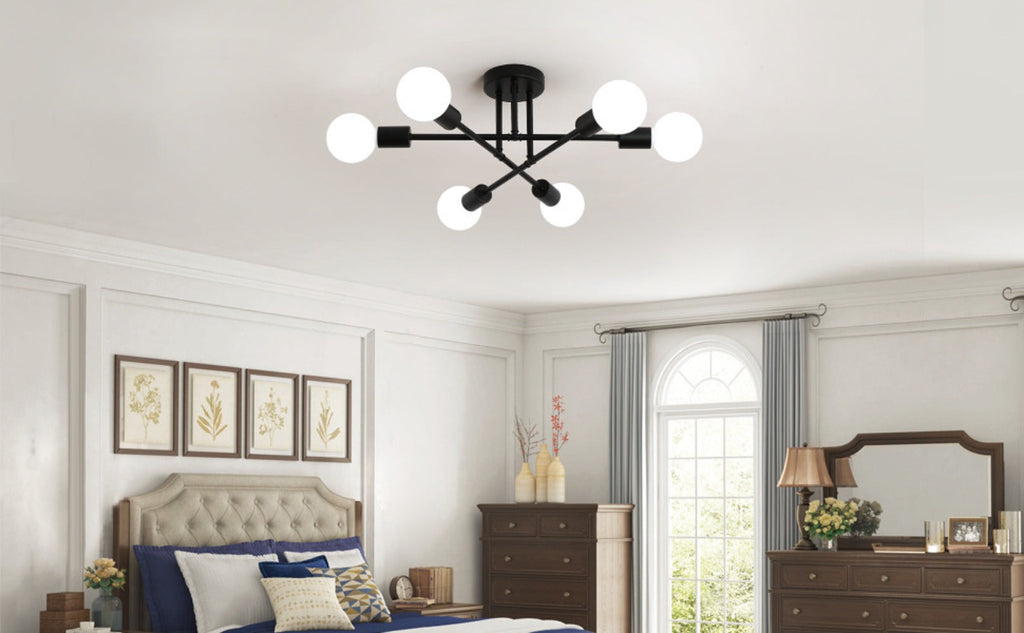 Sputnik Chandelier 6-Light Black Industrial Ceiling Light Fixture Semi Flush Mount for Bedroom Dining Room Living Room Kitchen