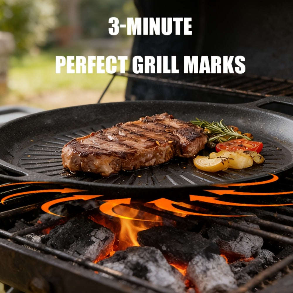 BBQ Griddle Pan Non-Stick with Oil Drain Groove & Double Handles ¨C Multi-Function Grill Frying Pan with Oil Brush for Outdoor BBQ Family Gatherings Indoor Stovetop Cooking | Easy Clean Cookware