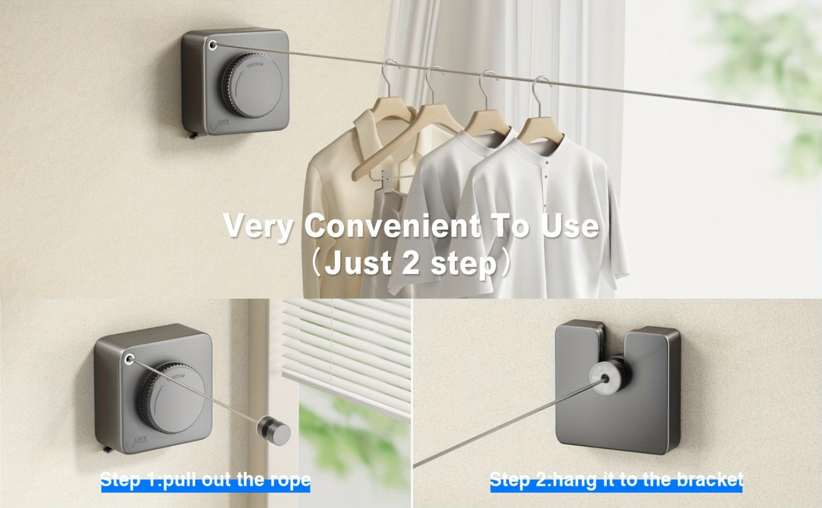Retractable Clothesline Wall Mounted Stainless Steel Non-Sagging Indoor Outdoor Laundry Drying Line 15.1 Ft Heavy Duty