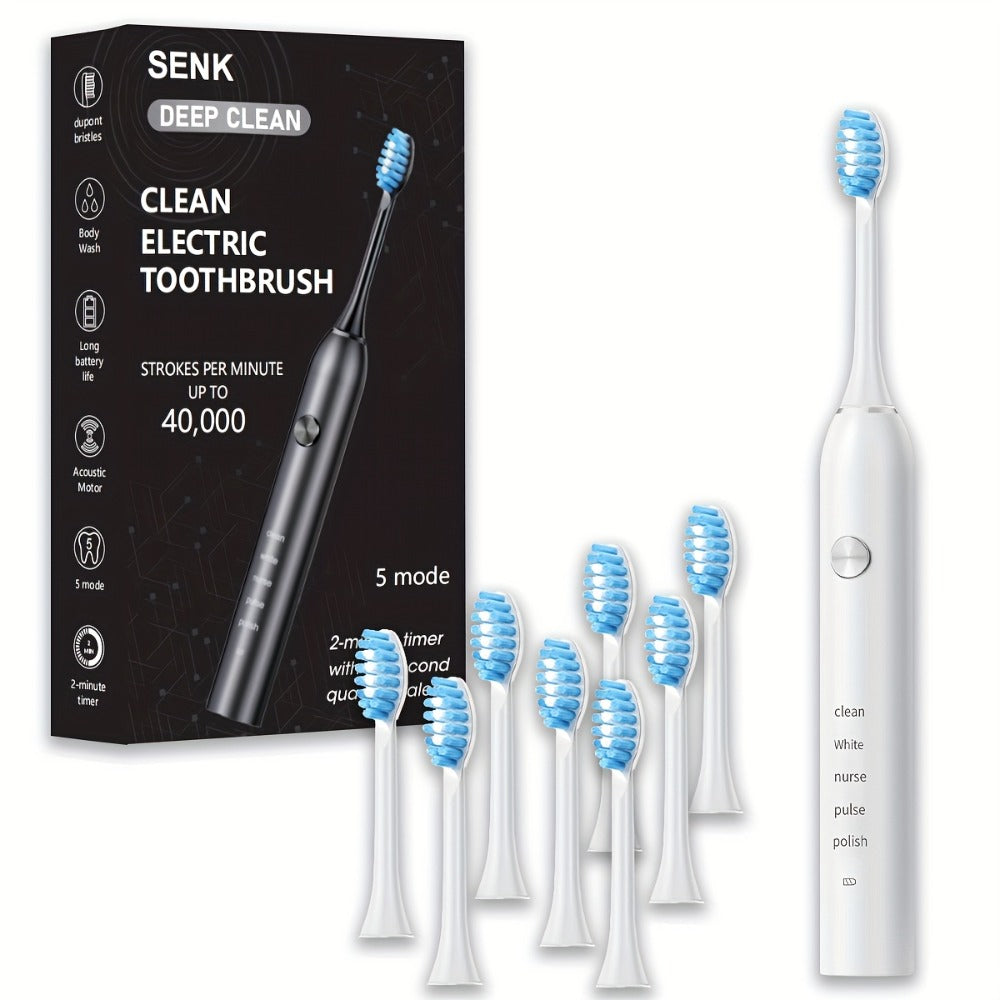 Sonic Electric Toothbrush ¨C 5 Vibration Modes, Soft Bristle, Type-C Fast Charging, Waterproof, Deep Clean & Teeth Whitening Rechargeable Power Toothbrush for Men & Women, 4 or 8 Brush Heads