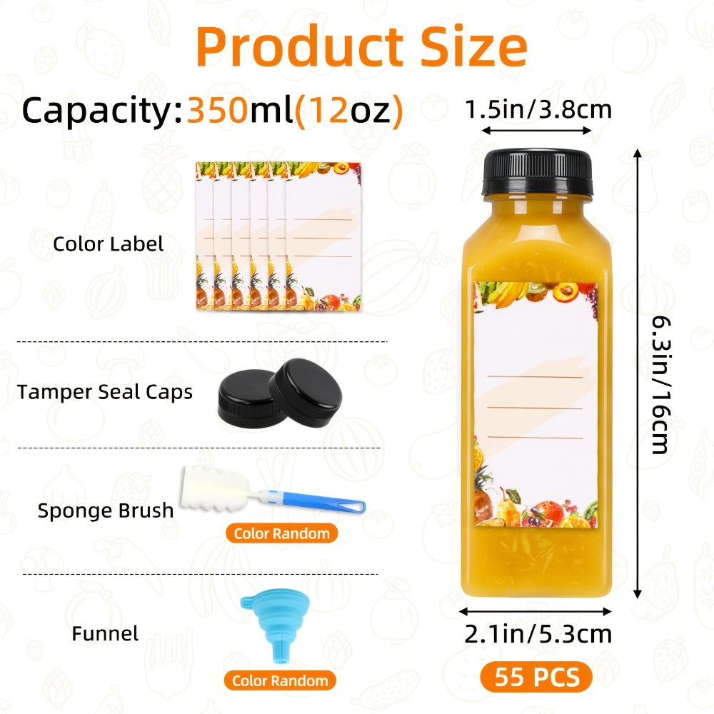 Reusable Juice Bottles 55pcs 12oz Bulk Clear Plastic Bottles with Caps Labels Funnel & Brush - BPA-Free Leak-Proof Containers for Juicing Smoothies Milkshakes Iced Coffee Meal Prep & Catering