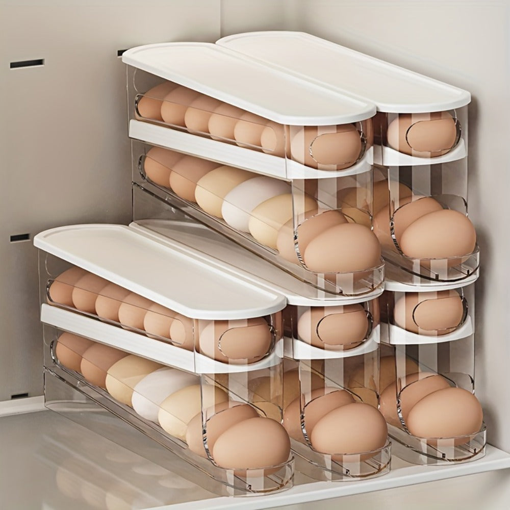 Double Layer Rolling Egg Dispenser Automatic Space Saving Refrigerator Egg Organizer for Cabinet Kitchen Storage Keeps Eggs Fresh White