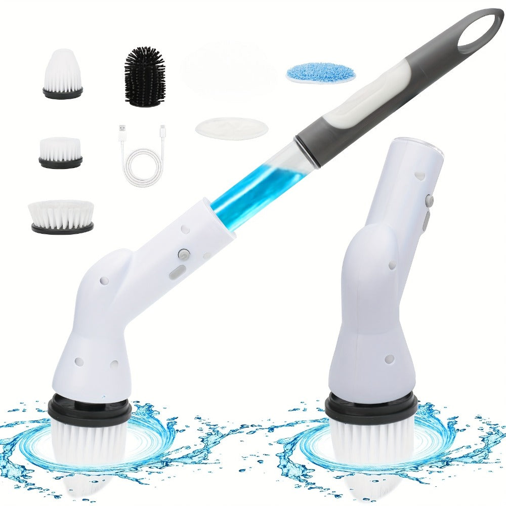 Electric Spin Scrubber Cordless Rechargeable - Adjustable Handle with 6 Brush Heads, All-Purpose Power Scrubber for Bathroom, Kitchen, Tile, Shower, Tub & Car, Time-Saving Cleaning Tool, White