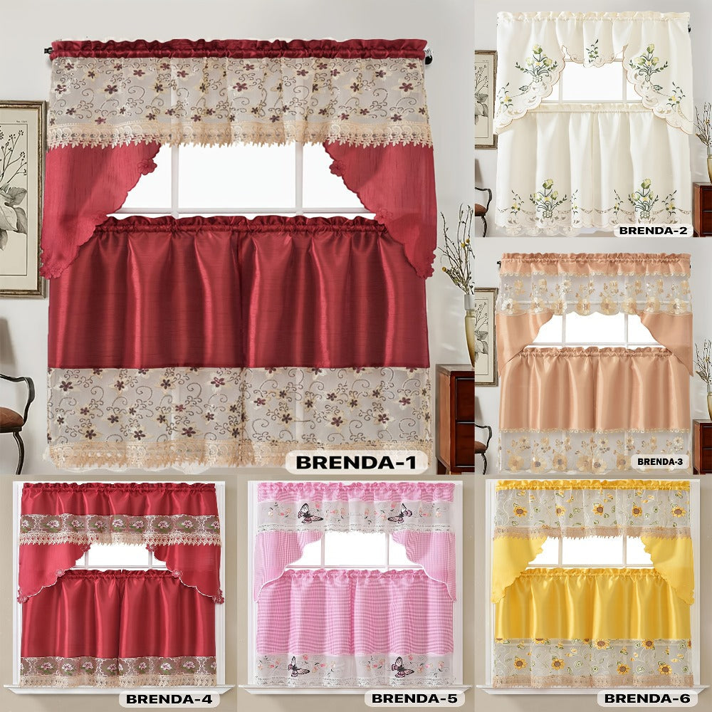 Kitchen Curtains 3 Piece Set Embroidered Satin Valance and Tiers - Rod Pocket Light Filtering Machine Washable 46 Colors Available All Season Home Decor