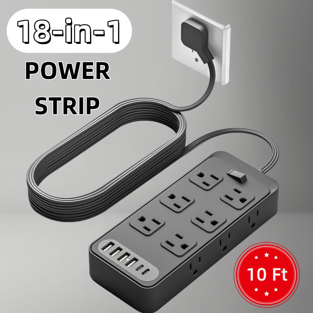 USB Extension Cord Power Strip 18-in-1 with 12 AC Outlets 6 USB Ports Surge Protector Overload Protection Switch 5FT 10FT for Home Kitchen Office Travel Accessories Black White