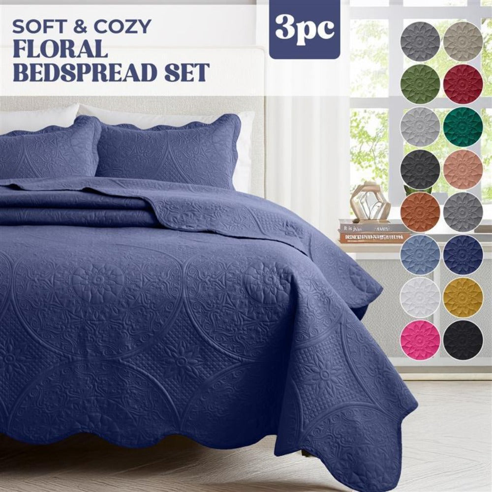 Quilted Bedspread Set 3 Piece ¨C Soft Floral Coverlet with Pillow Shams, Lightweight Breathable Quilt for Bedroom & Guest Room, All Season Bed Cover
