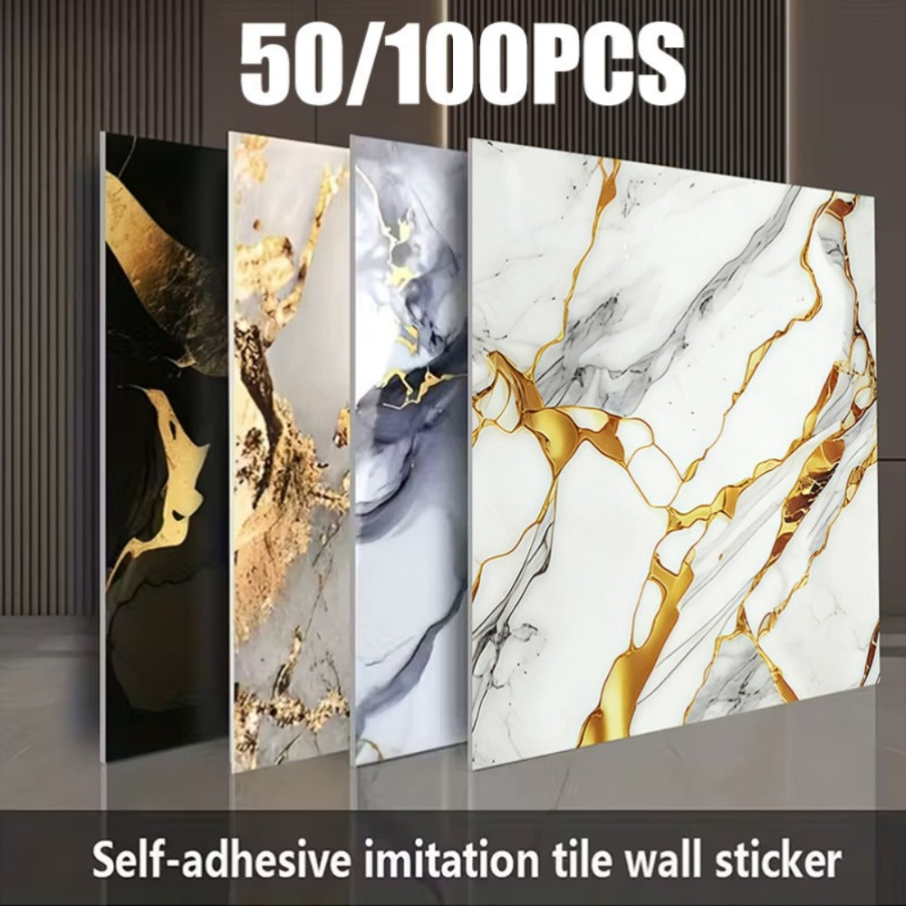 Self-Adhesive Marble Tile Stickers 11.8x11.8in Peel and Stick Wall Tiles for Bathroom Kitchen Backsplash ¨C Waterproof 3D Glossy Imitation Marble Wall Panel, Easy to Install, 50 or 100 Pack