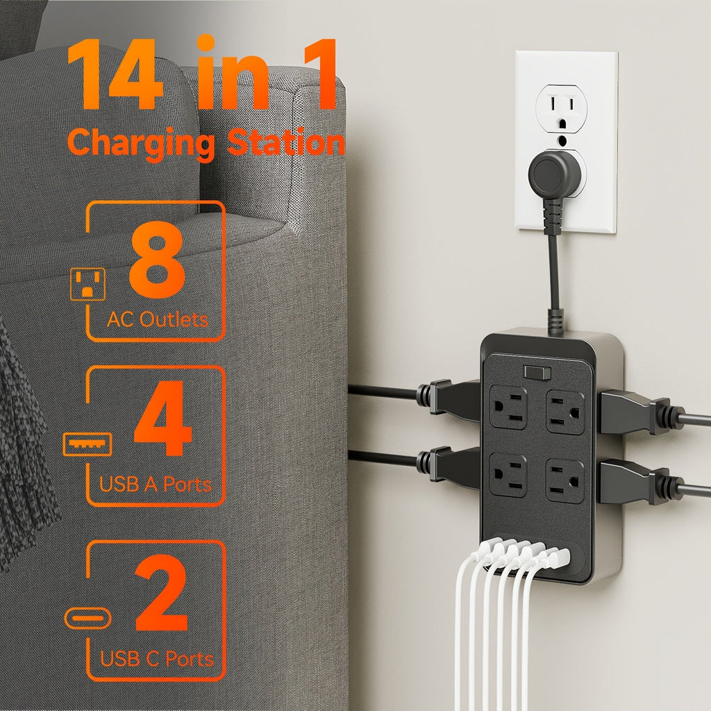 Power Strip Outlet Extender Surge Protector 8 AC Outlets 6 USB Charging Ports 4 USB-A 2 USB-C 3 Inch Short Cord Desk Charging Station for Home Dorm Office Travel White Black