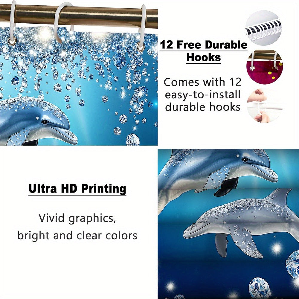 4pcs Dolphin Shower Curtain Set with Non-Slip Bath Mat, Toilet Rug & 12 Hooks ¨C Waterproof Bathroom Decor Gift Set