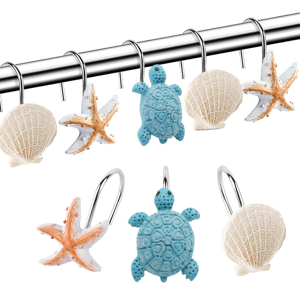 12pcs Resin Marine Shower Curtain Hooks ¨C Blue Turtle & Starfish Shell Decorative Bathroom Curtain Ring Hangers Home Decor Accessories