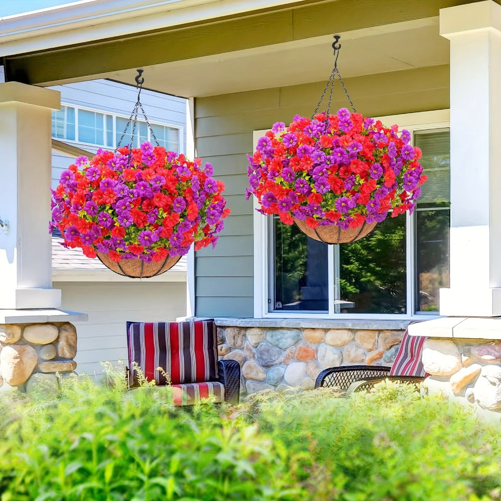 Artificial Hanging Flowers Outdoor UV-Resistant Fake Petunias with Planter Basket ¨C Realistic Faux Hanging Plants for Garden Patio Porch Balcony Railing Decor