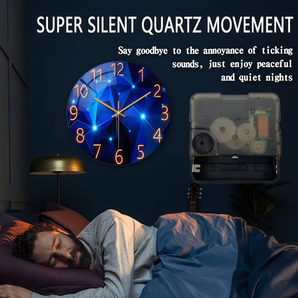 Modern Blue Glass Wall Clock Silent Non-Ticking Quartz Movement Battery Operated Tempered Glass Large Wall Clock for Living Room Bedroom Office Home Decor Gift