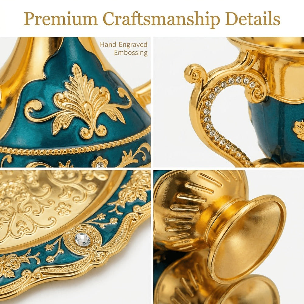 Vintage Turkish Coffee Tea Set ¨C Zinc Alloy Teapot, 6 Cups & Tray | European Style Luxury Gift Set for Tea, Coffee & Cappuccino
