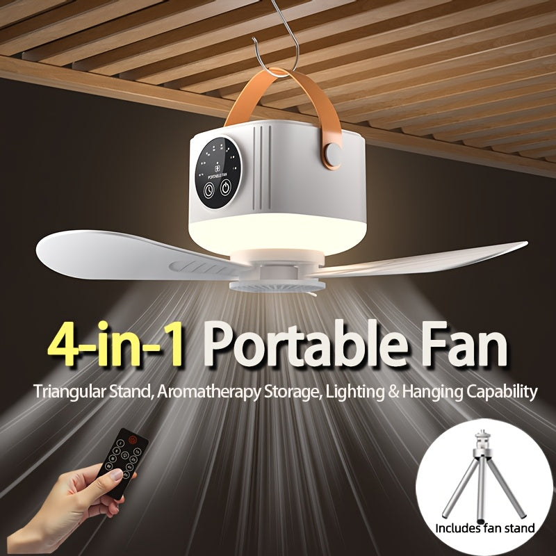 Portable Tent Fan with Remote Control USB Powered Hanging Hook Camping Fan with Triangular Stand Aromatherapy LED Light Emergency Survival Outdoor Fan