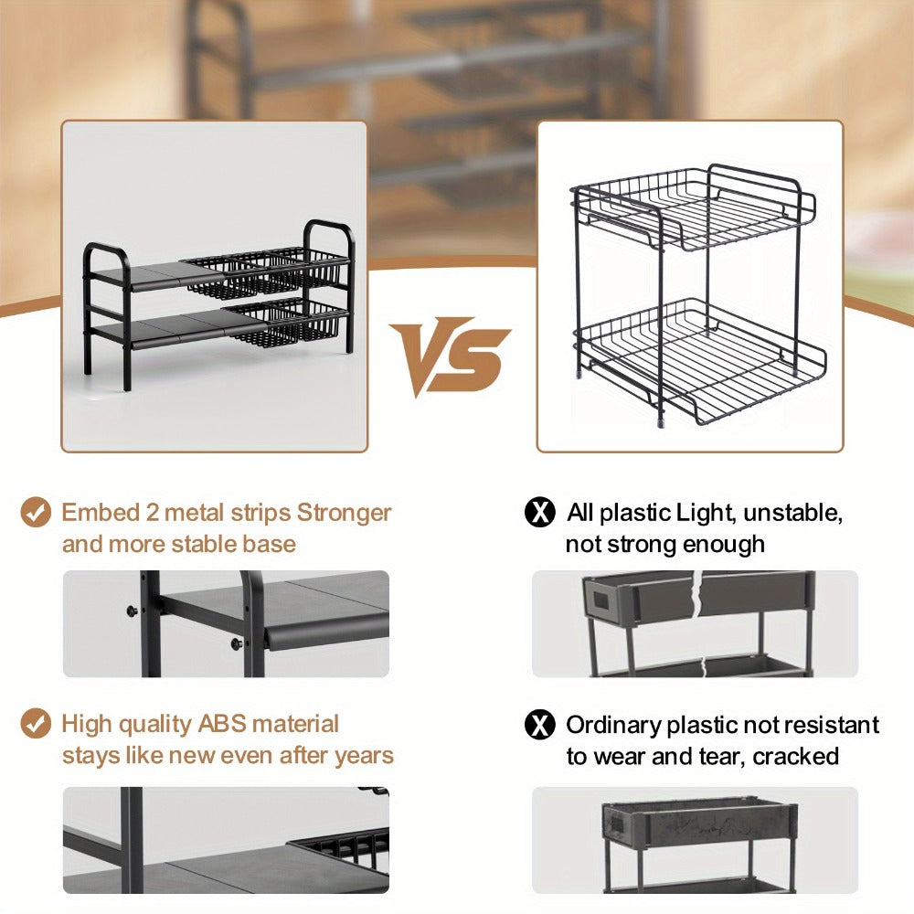 Expandable Under Sink Organizer 2-Tier Cabinet Shelf with 5 Removable Panels & 5 Baskets, Adjustable Under Sink Storage Rack for Kitchen Bathroom Cabinet Organization
