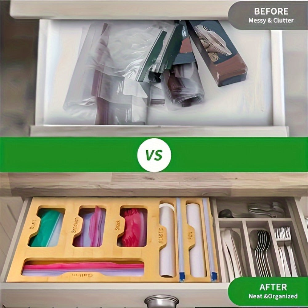 Bamboo Kitchen Organizer 6-in-1 - Aluminum Foil Plastic Wrap Dispenser with Cutter Ziplock Bag Organizer for Kitchen Drawer Gallon Quart Sandwich Snack Bags Storage