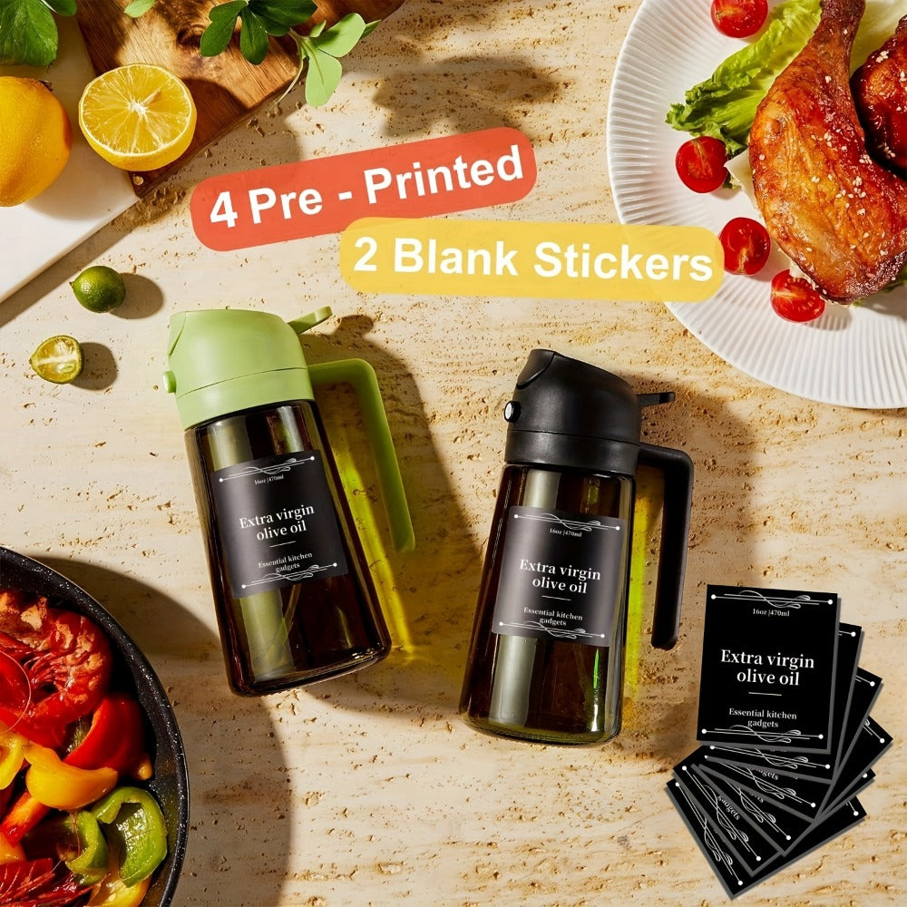 Olive Oil Dispenser Bottle 2-in-1 Glass Oil Sprayer & Dispenser 16oz Kitchen Cooking Oil Bottle with Labels for BBQ, Salad, Air Fryer & Grilling ¨C 2 Pack