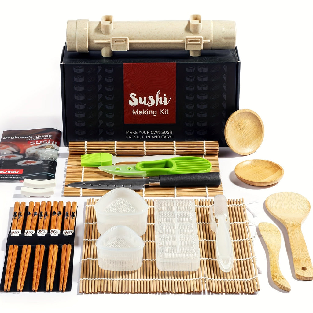Sushi Making Kit 22-in-1 with Bamboo Rolling Mats Chef Knife Triangle Nigiri Gunkan Molds Chopsticks Beginner Guide ¨C Complete DIY Sushi Set for Home Kitchen Japanese Cooking Gift