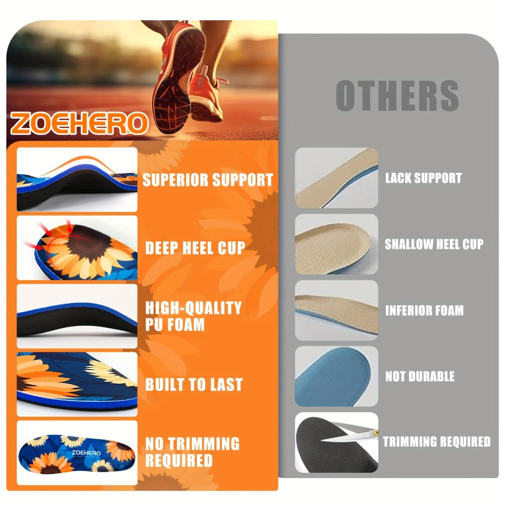 Arch Support Insoles for Men & Women - Heavy Duty Flat Feet Shoe Inserts for All-Day Standing, Running, Walking & Work Boots - Deep Heel Cup, Shock Absorption, 10 Sizes No Trimming Needed