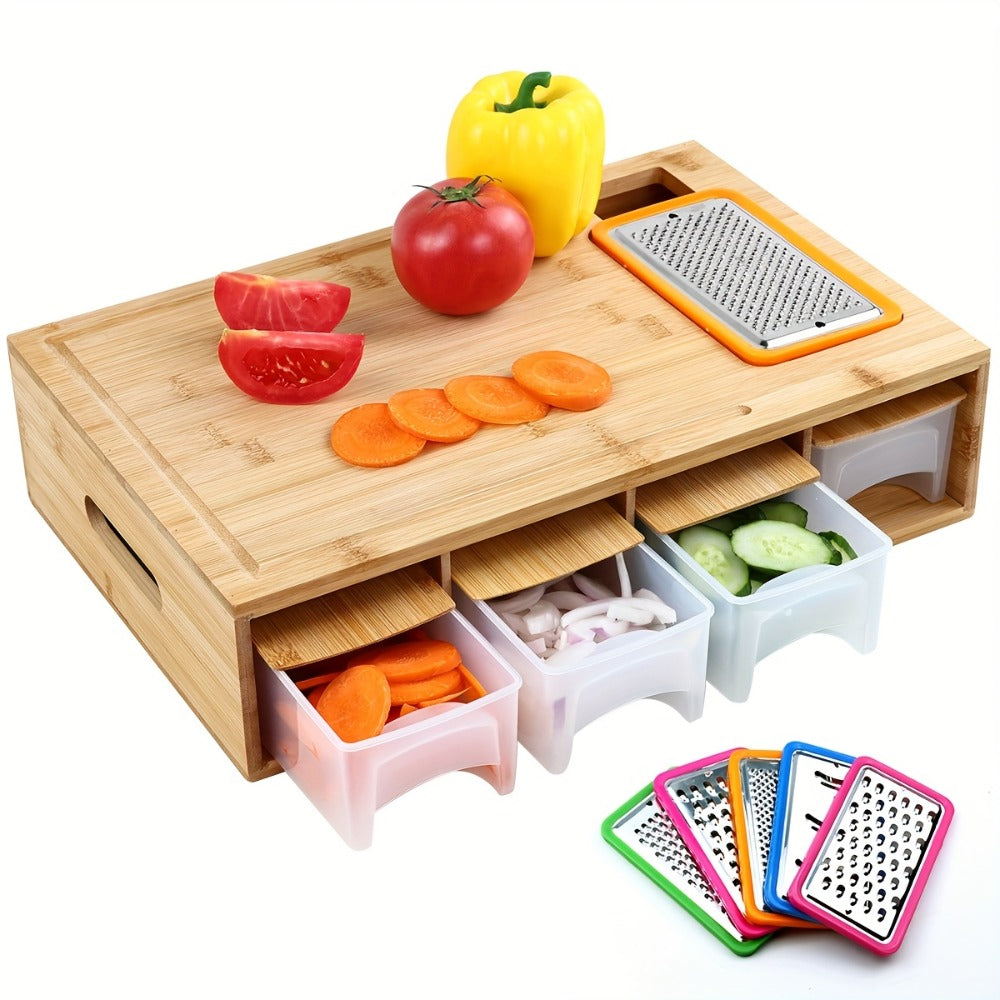 Bamboo Cutting Board with Food Container, Cheese Grater & Juice Groove - Large Wooden Chopping Board Set with Storage Box, Drain Tank for Vegetables Meat Cheese, Kitchen Prep Board with Hand Grip