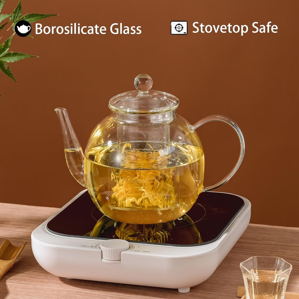 Glass Teapot with Removable Infuser 51oz Borosilicate Clear Tea Kettle Stovetop Safe for Loose Leaf Blooming Herbal & Flower Tea ¨C 1530ml Tea Pot with Optional Teacup Set