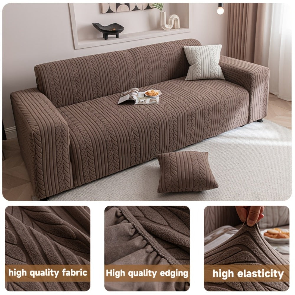Couch Cover Full Coverage Elastic Velvet Jacquard Sofa Slipcover with Pillowcase - Non-Slip Thick Soft Pet Friendly Machine Washable Fits 1 2 3 4 Seater Living Room Bedroom