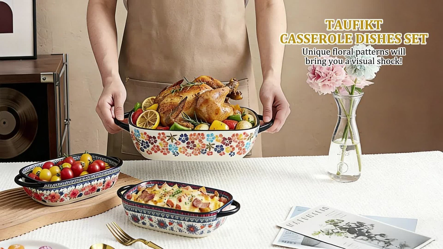 Ceramic Baking Dish Set of 2 Large 13 Inch Rectangular Casserole Dish Porcelain Bohemian Bakeware for Lasagna Roasting Casseroles Oven Safe Red Blue Yellow