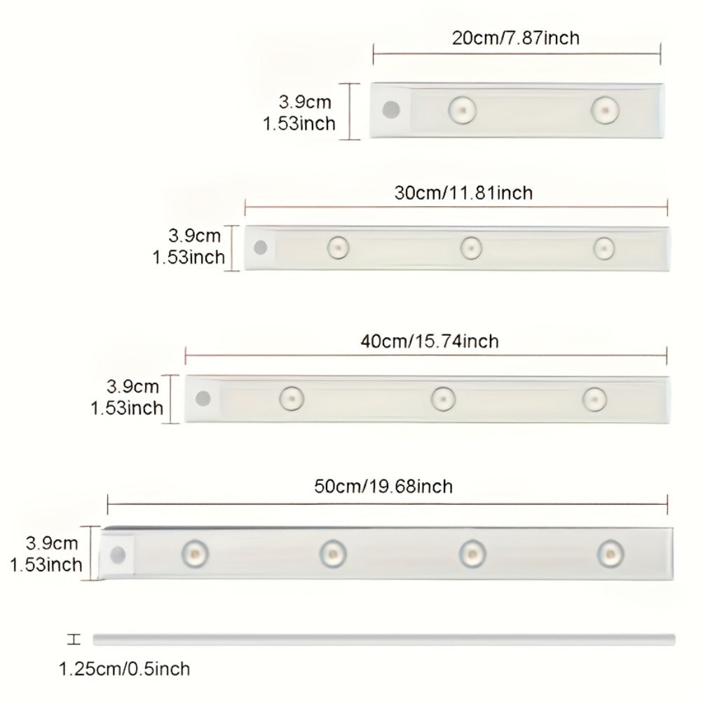 LED Sensor Strip Light USB Rechargeable ¨C 3-Color Dimmable Motion Sensing Wireless Night Light for Kitchen, Wardrobe, Cabinet, Shoe Cabinet & Bedroom (20cm / 30cm / 40cm / 50cm)