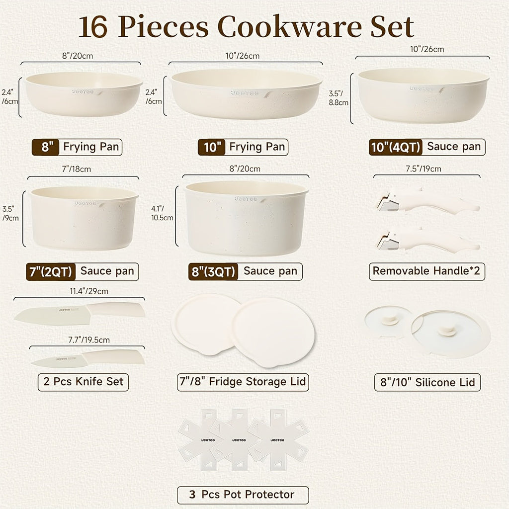 Detachable Handle Cookware Set 16 & 26 Piece Non-Stick PFOA-Free ¨C Stackable Space-Saving Pots and Pans | Oven Safe 480¡ãF Induction Compatible | RV Camping Kitchen Cooking Set in Black & Beige