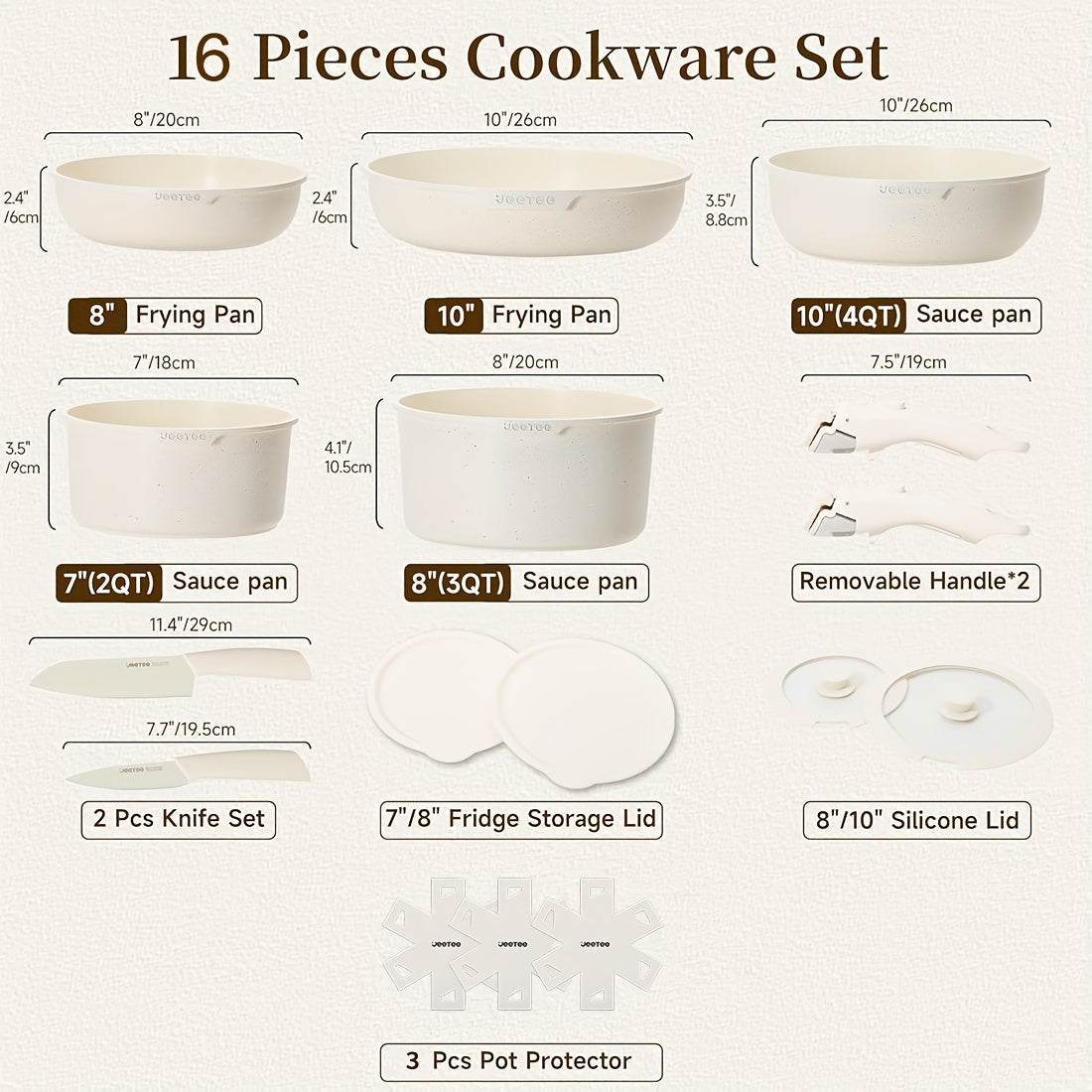 Detachable Handle Cookware Set 16 & 26 Piece Non-Stick PFOA-Free ¨C Stackable Space-Saving Pots and Pans | Oven Safe 480¡ãF Induction Compatible | RV Camping Kitchen Cooking Set in Black & Beige
