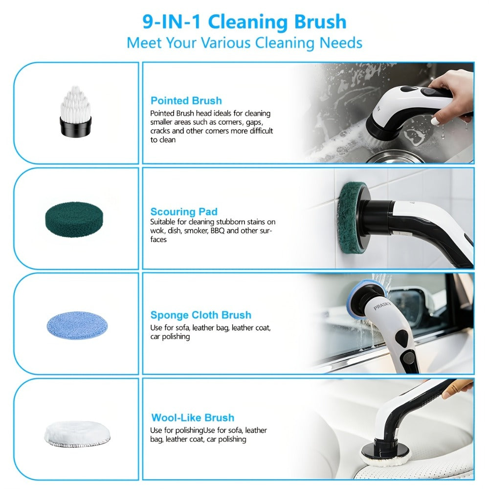 Electric Spin Scrubber Cordless IPX8 Waterproof 9 Replaceable Brush Heads 4 Adjustable Extension Handles LED Display 2-Speed 90-Min Battery for Bathroom Kitchen Tile Floor Tub Grout Cleaning White