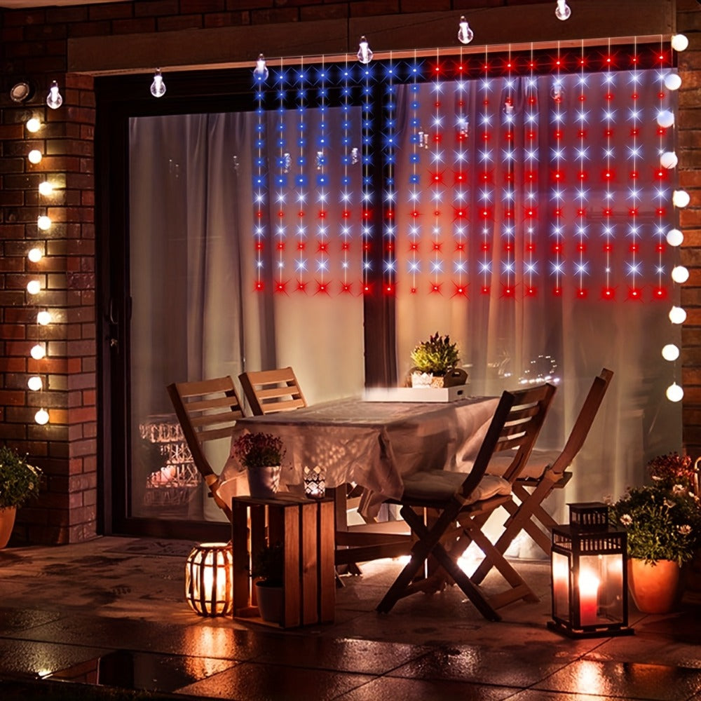 American Flag LED Curtain Lights 242 LEDs USB Powered, 4th of July Patriotic Decorations for Home Porch Garden Courtyard, Independence Day National Holiday Indoor Decor for Mall, Store, Coffee Shop Display