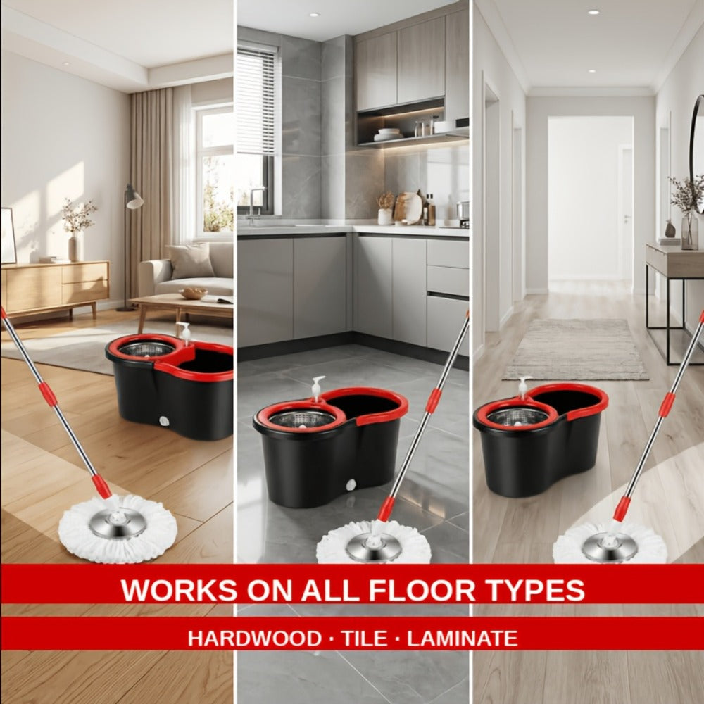 Spin Mop and Bucket Set with Wringer 360 Degree Spinning Self-Wringing Mop 4 Microfiber Mop Heads Soap Dispenser Extended Handle for Hardwood Tile Laminate Floor Cleaning