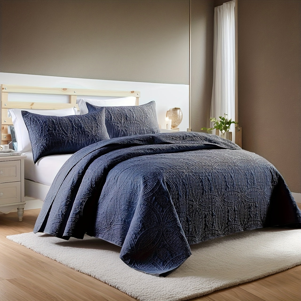 Quilt Set 3 Piece Soft Lightweight Bedding - Thin Bed Quilt with 2 Pillowcases for Bedroom Guest Room, Full Queen King, All Season Comforter Set, 10 Colors