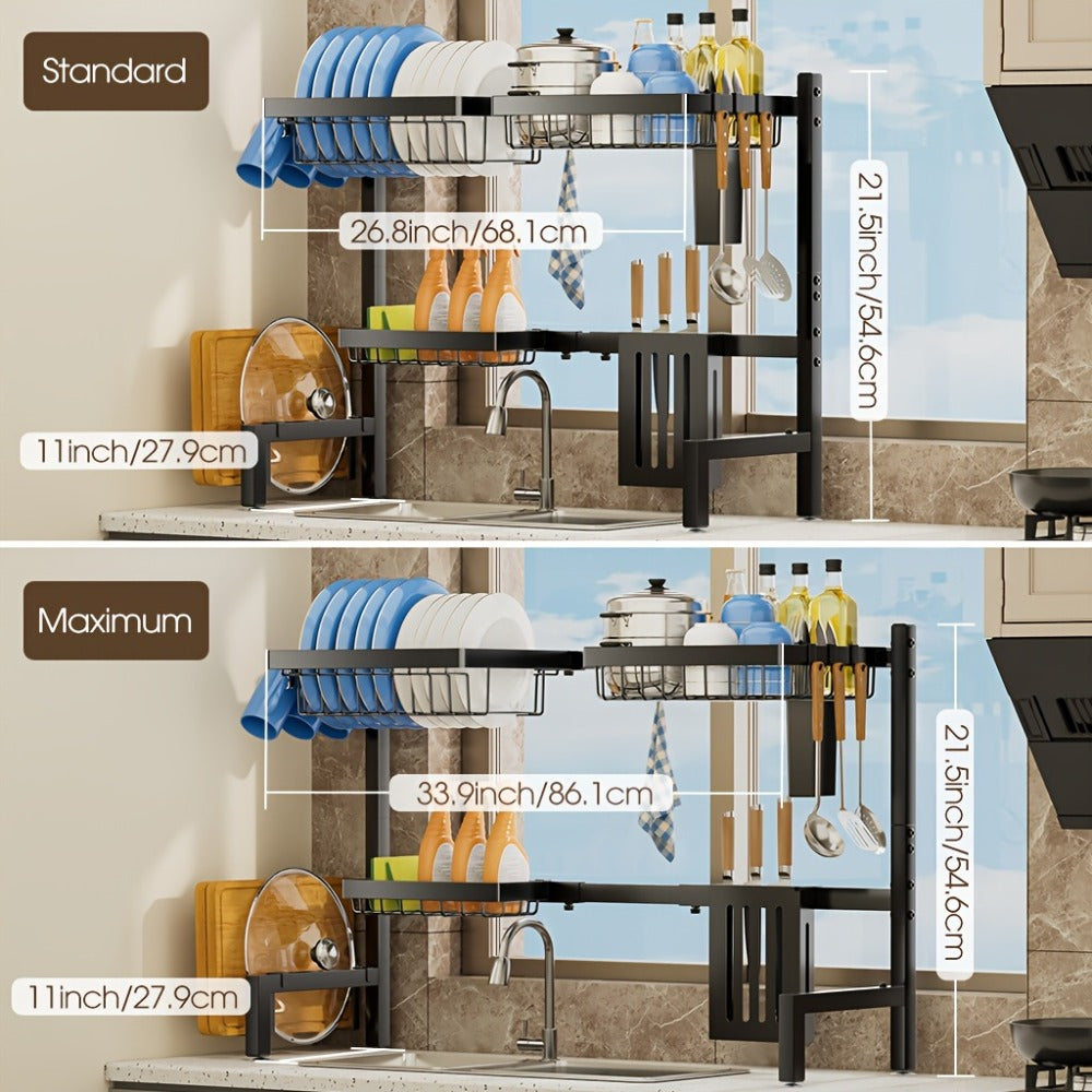 Over-the-Sink Dish Drying Rack Expandable 2-Tier 304 Stainless Steel Adjustable 30-34 Inch with Utensil Holder Knife Holder Cutting Board Holder and 5 Hooks for Kitchen