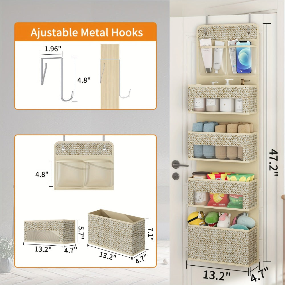 2-Pack Over-The-Door Hanging Organizer with 5 Shelves & 4 Clear Pockets ¨C Beige Rattan Storage Rack for Closet, Bedroom & Bathroom