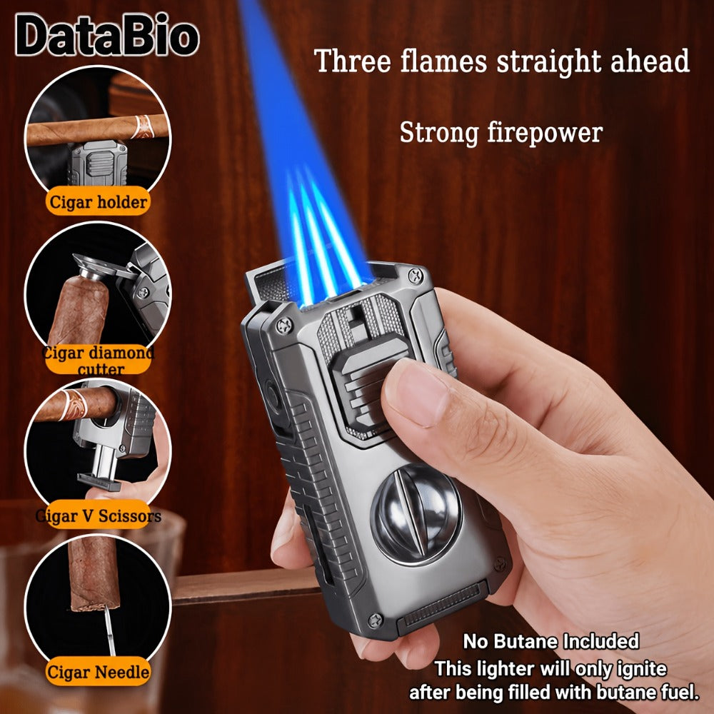 Windproof Tri-Jet Flame Butane Lighter 5-in-1 Metal Refillable - Adjustable Flame Cigar Lighter with Transparent Gas Chamber for BBQ Camping Candles Gift