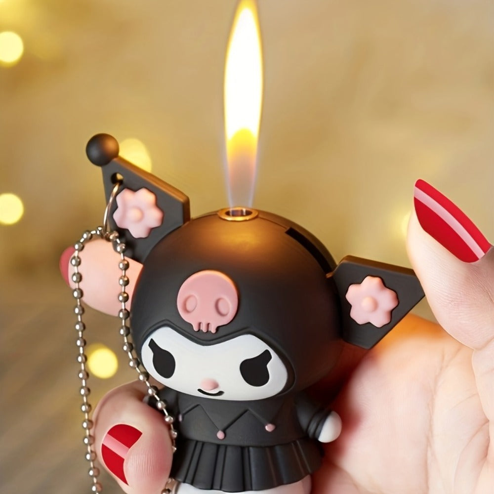 3D Kawaii Anime Figure Lighter with Chain, Cute Kuromi Sanrio Cartoon Open Flame Butane Lighter, Unique Kawaii Gift for Anime Fans, Available in 3 Colors ¨C Black, Purple & Pink (No Butane Included)