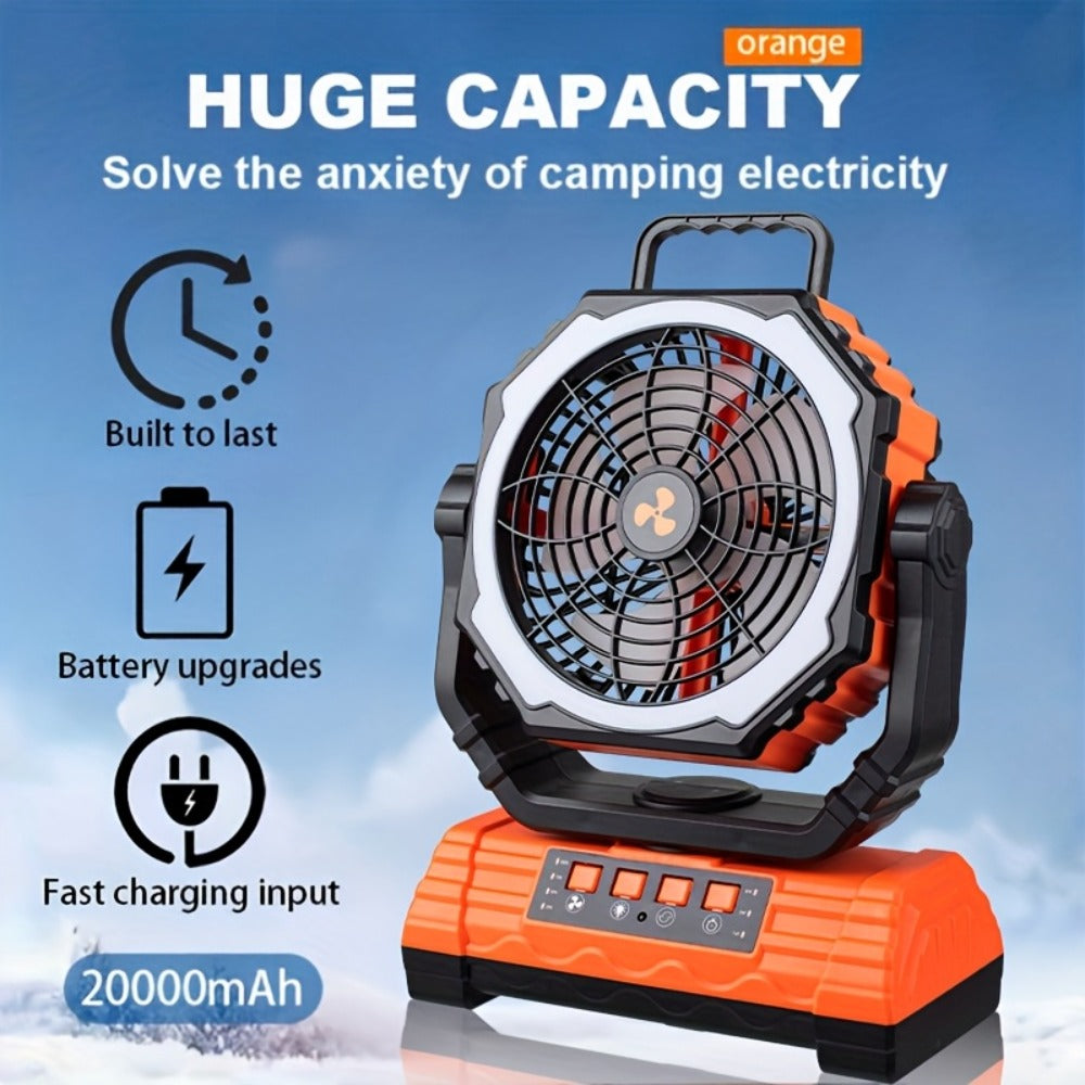 Portable Camping Fan with Dual Motors LED Light & Remote Control, Solar Powered Outdoor Fan with Hook for Tent Work Site Power Outage, Camping Accessories