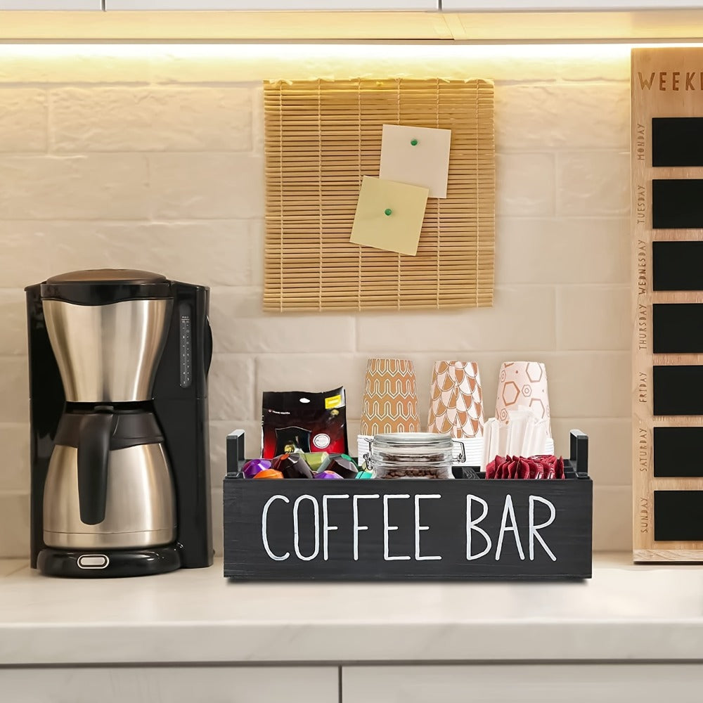 Coffee Bar Organizer Wooden Farmhouse Style - Rustic COFFEE BAR Sign Storage Tray for Pods Sugar Creamer Accessories, Waterproof Rectangular Countertop Organizer for Kitchen Coffee Station Decor