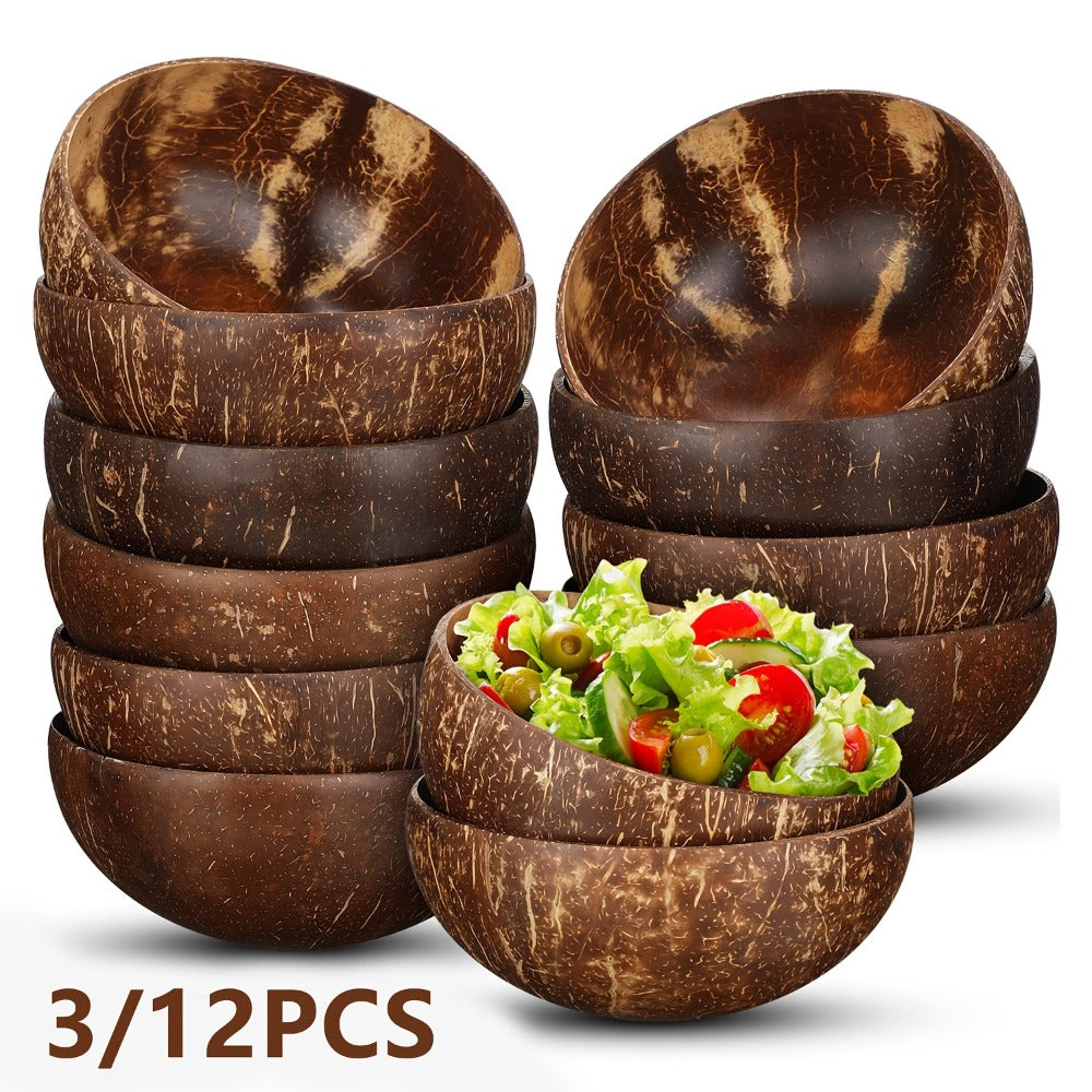 Coconut Shell Bowls Polished Handmade Natural Wooden Bowls for Smoothie, Acai, Fruit, Salad & Yogurt ¡ª Rustic Decorative Serving Bowls, Eco-Friendly Vegan Kitchen Gift | 3 or 12 Pack