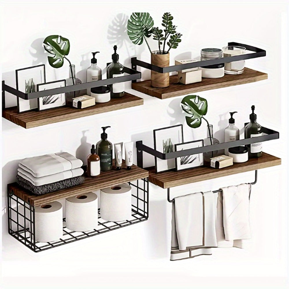 Floating Wall Shelves Set of 2 or 4 Rustic Wood and Iron Wall Mounted Shelf for Living Room Bedroom Kitchen Bathroom, Farmhouse Industrial Hanging Display Shelf for Plants Books Candles Decor
