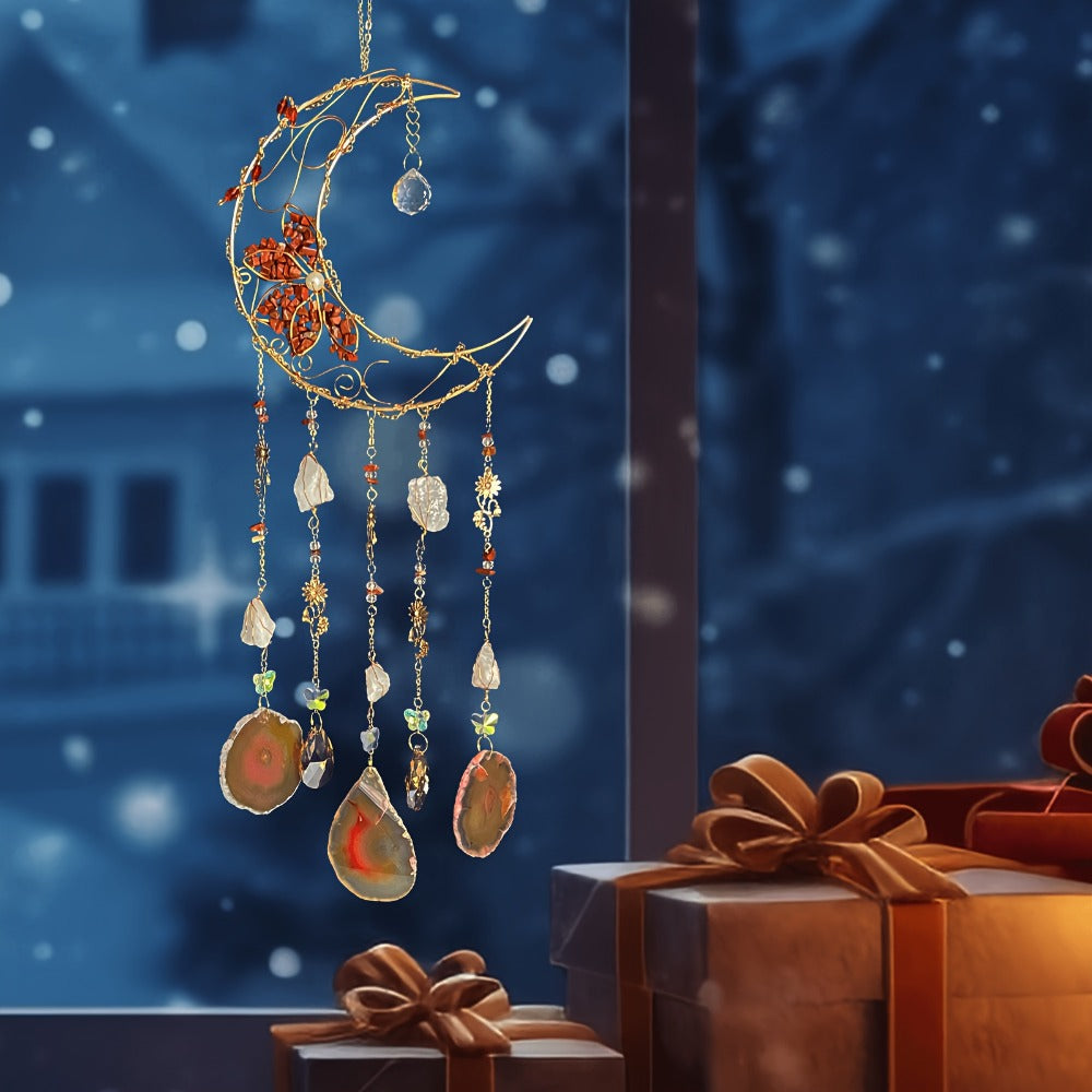 Moon Agate Tree Hanging Ornament Handmade Boho Suncatcher Wall Decor - Crystal Window Sun Catcher Gift for Mom Friends Women Birthday Christmas Holiday Home Decoration